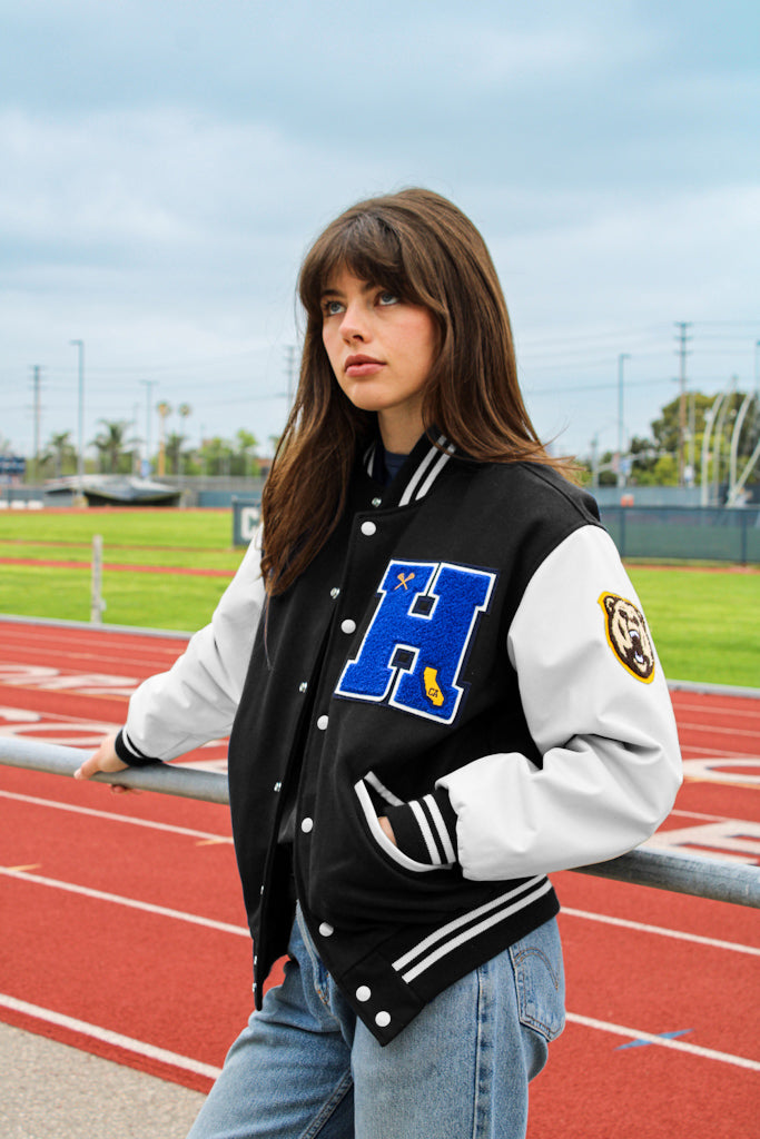 Personalized Adult Wool Leather Varsity Jacket BLACK/WHITE