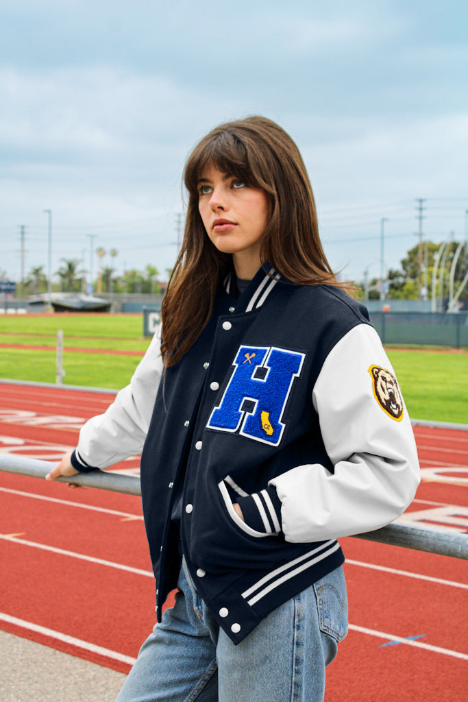 Personalized Adult Wool Leather Varsity Jacket NAVY WHITE