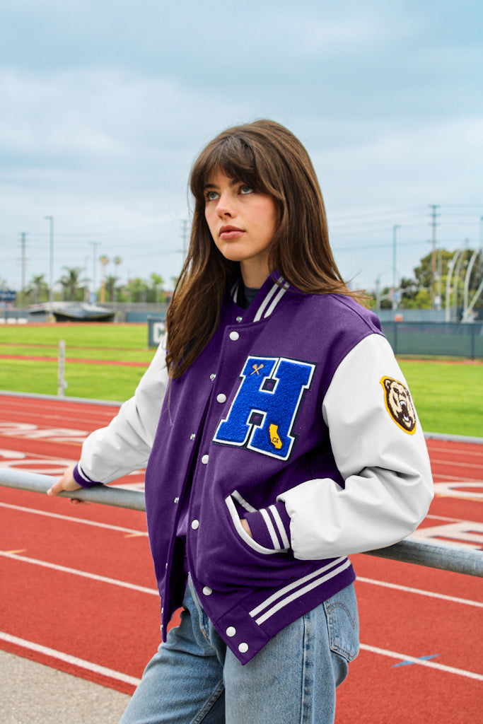 Personalized Adult Wool Leather Varsity Jacket PURPLE/WHITE