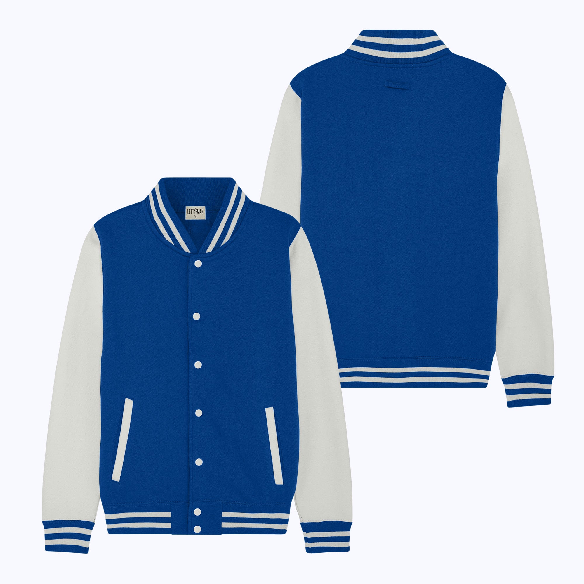 Blue And White Full Sleeves Custom Logo Design Men Cotton Varsity