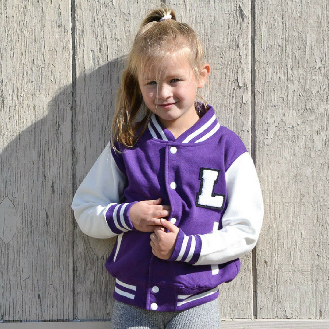 Personalized Kids Sweatshirt Varsity Jacket PURPLE/WHITE