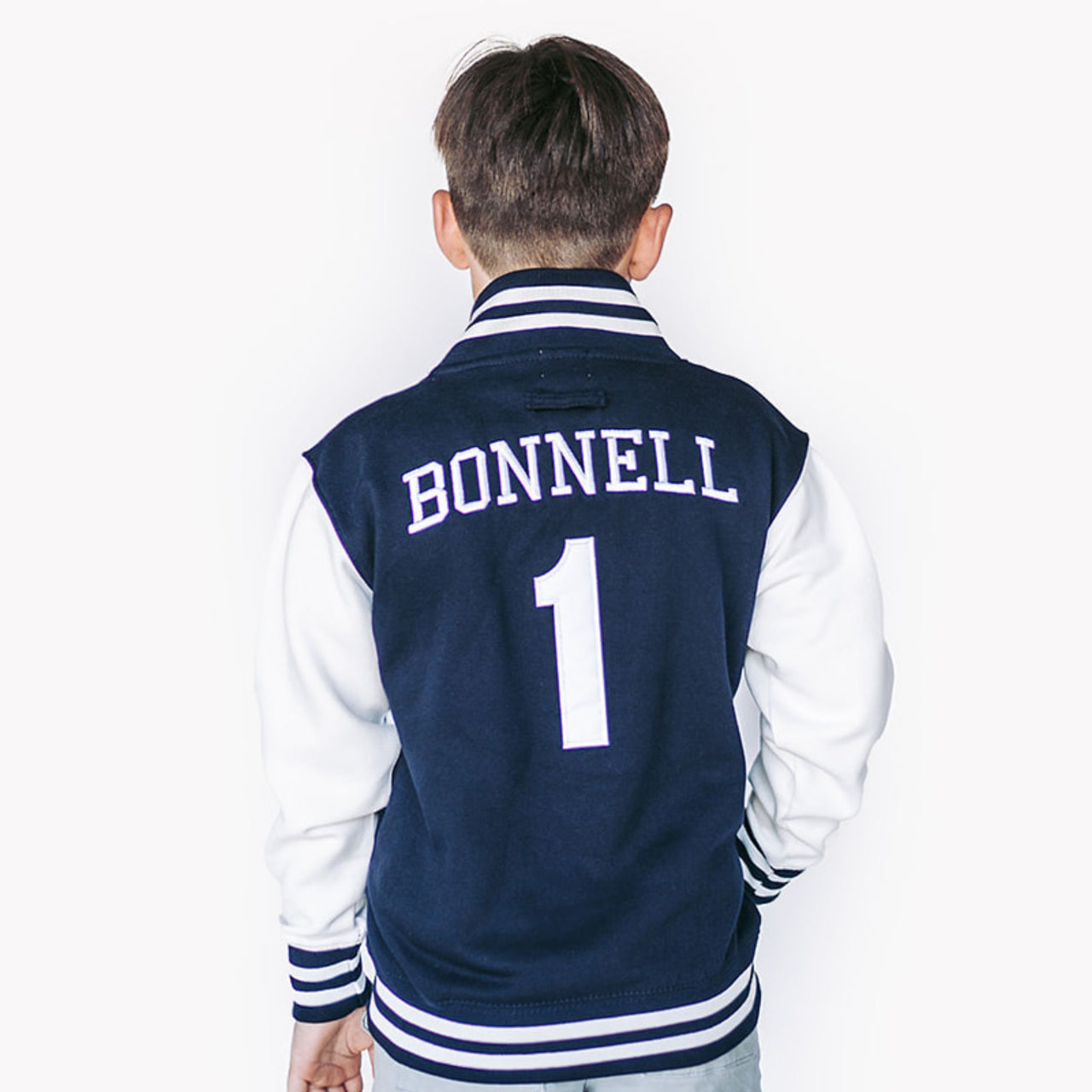 Personalized Kids Sweatshirt Varsity Jacket NAVY/WHITE