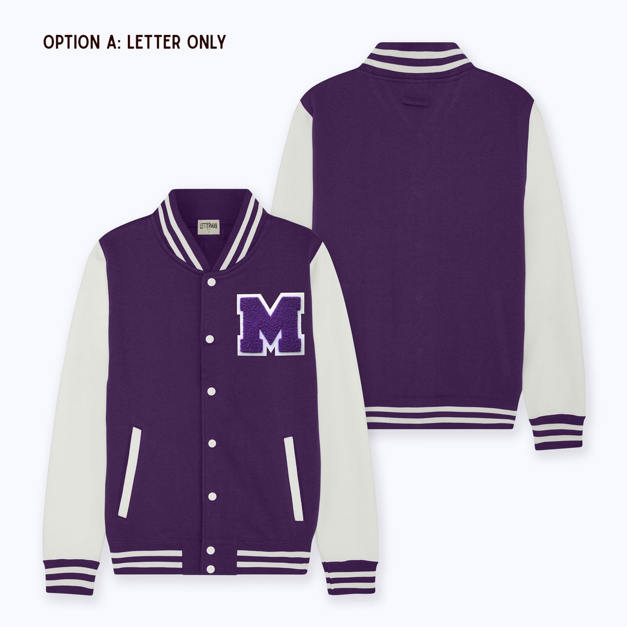 Personalized Adult Sweatshirt Varsity Jacket PURPLE/WHITE