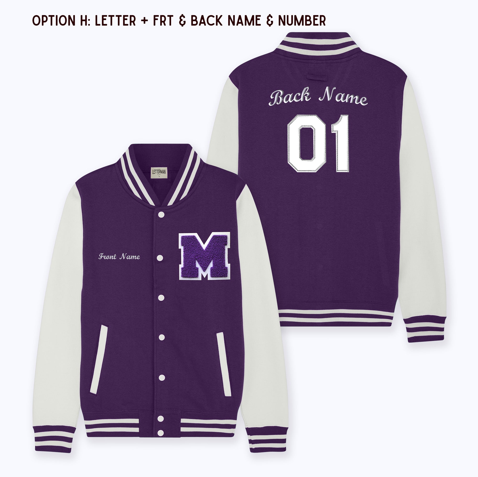 Personalized Adult Sweatshirt Varsity Jacket PURPLE/WHITE