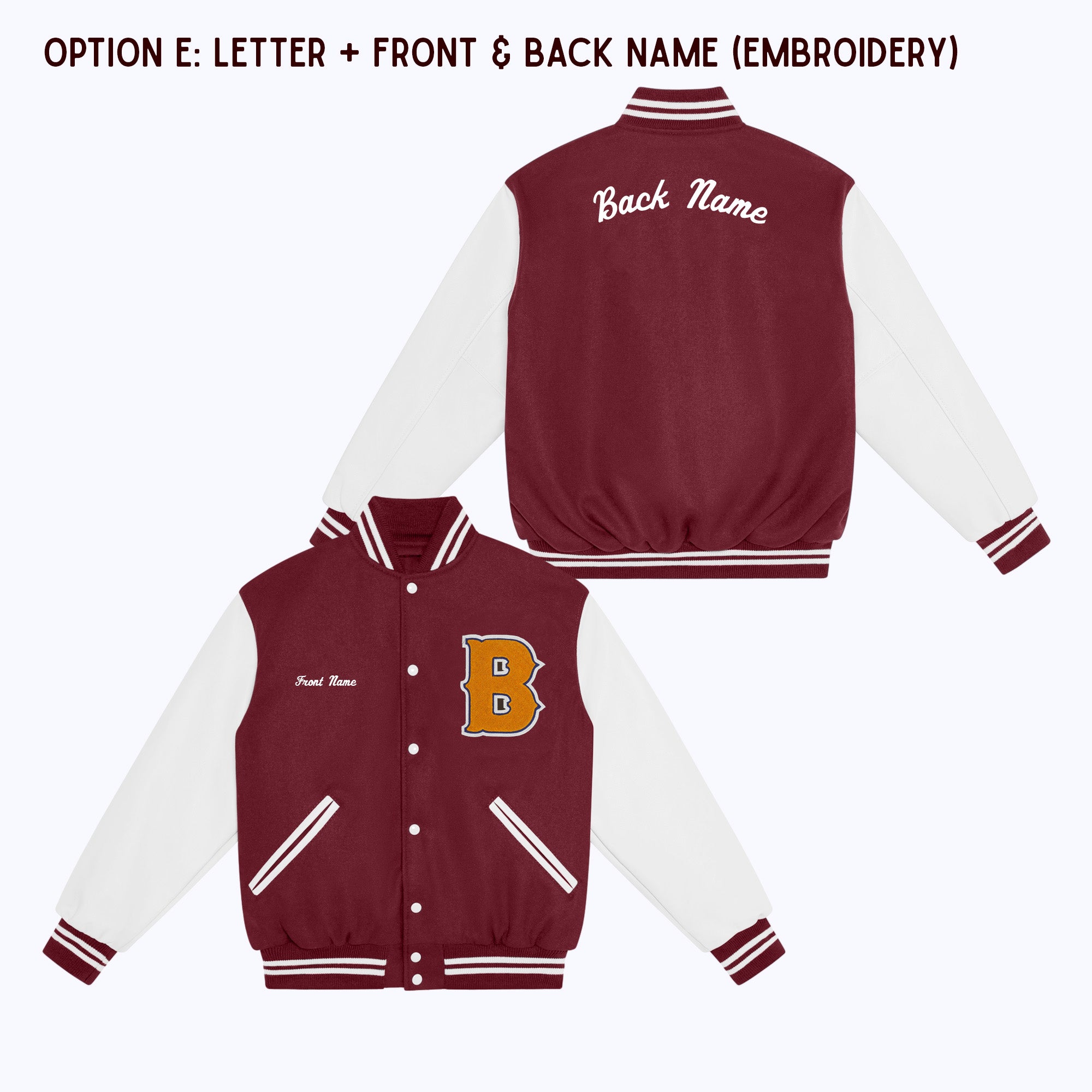 Personalized Adult Wool Leather Varsity Jacket BURGUNDY/WHITE