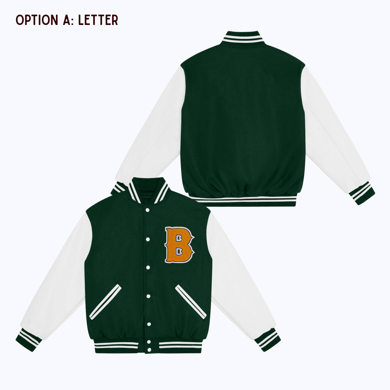 Personalized Adult Wool Leather Varsity Jacket DARK GREEN/WHITE