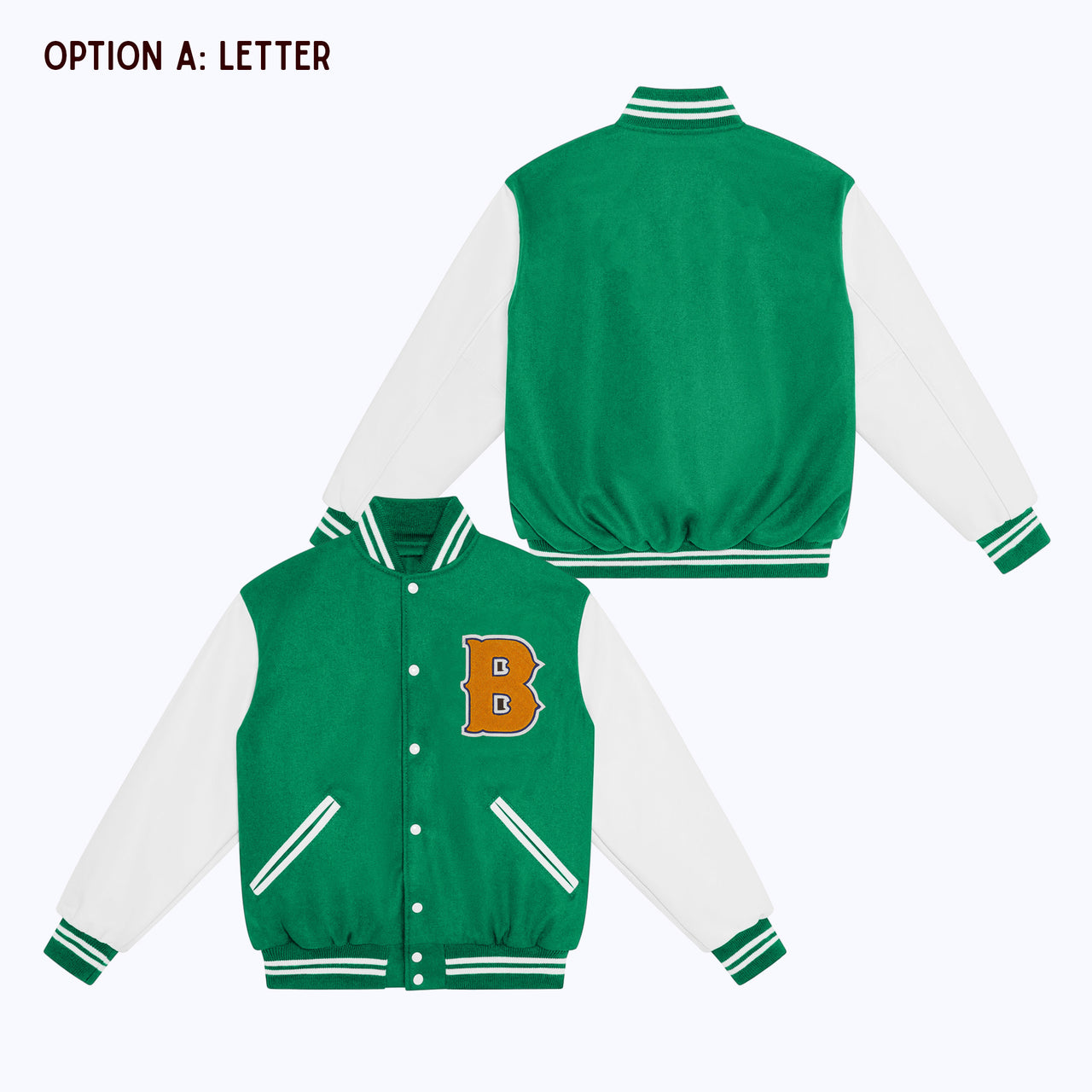 Personalized Adult Wool Leather Varsity Jacket KELLY GREEN/WHITE