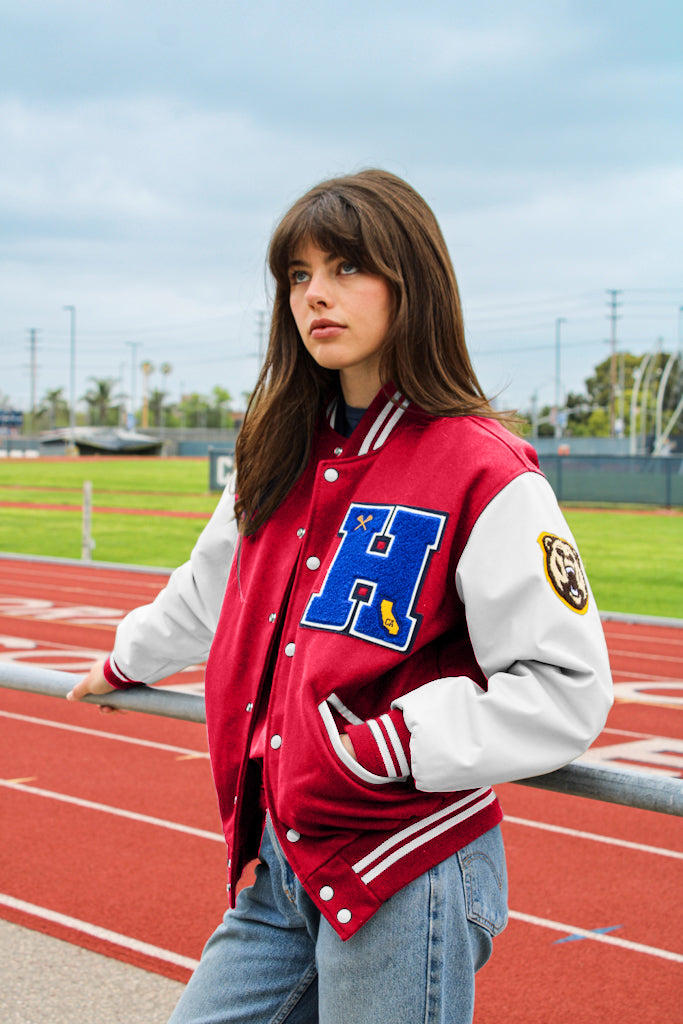Personalized Adult Wool Leather Varsity Jacket RED/WHITE
