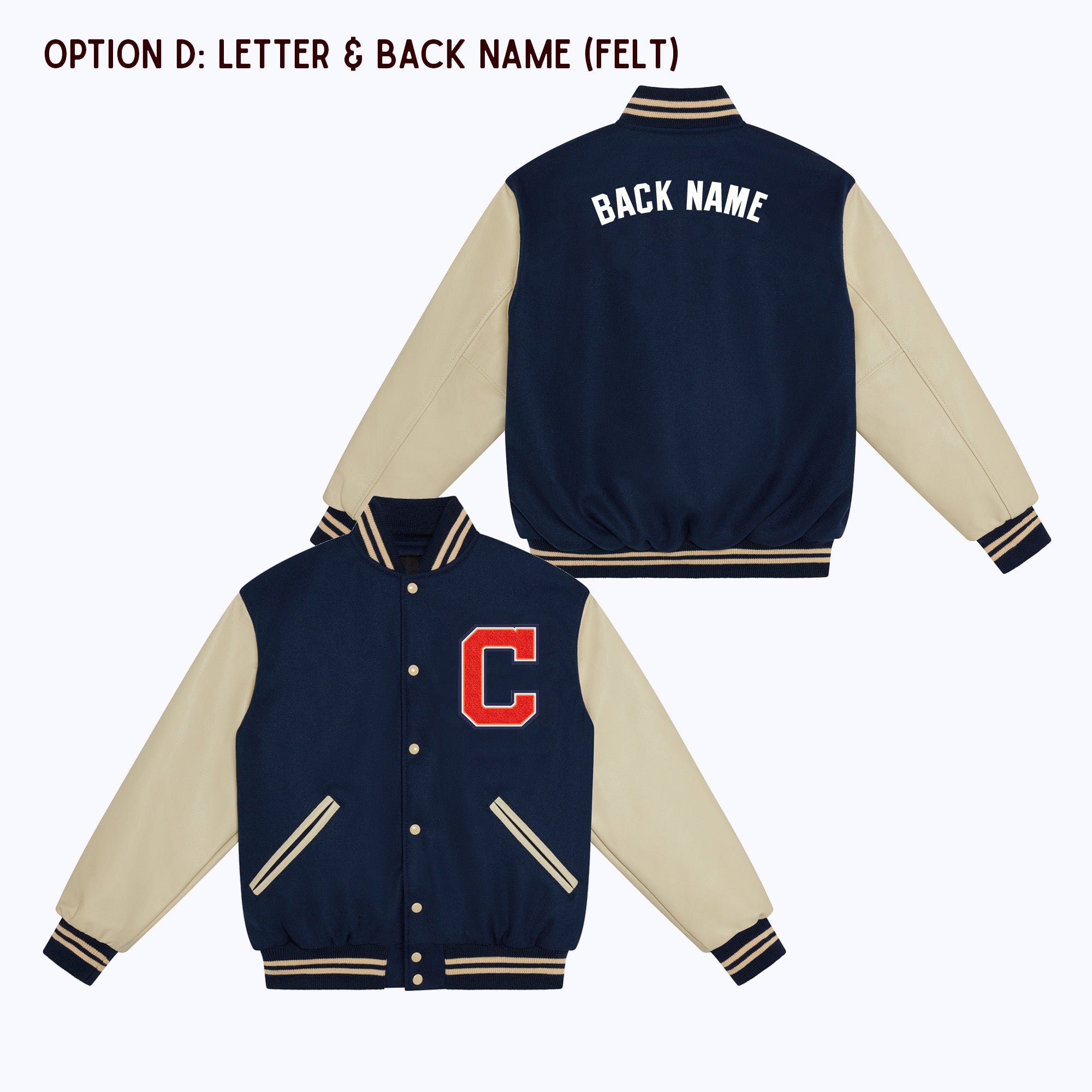 Personalized Adult Wool Leather Varsity Jacket NAVY/CREAM