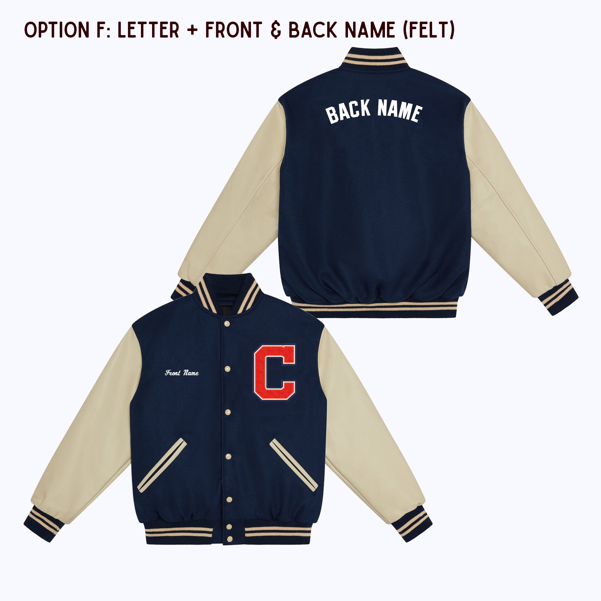 Personalized Adult Wool Leather Varsity Jacket NAVY/CREAM