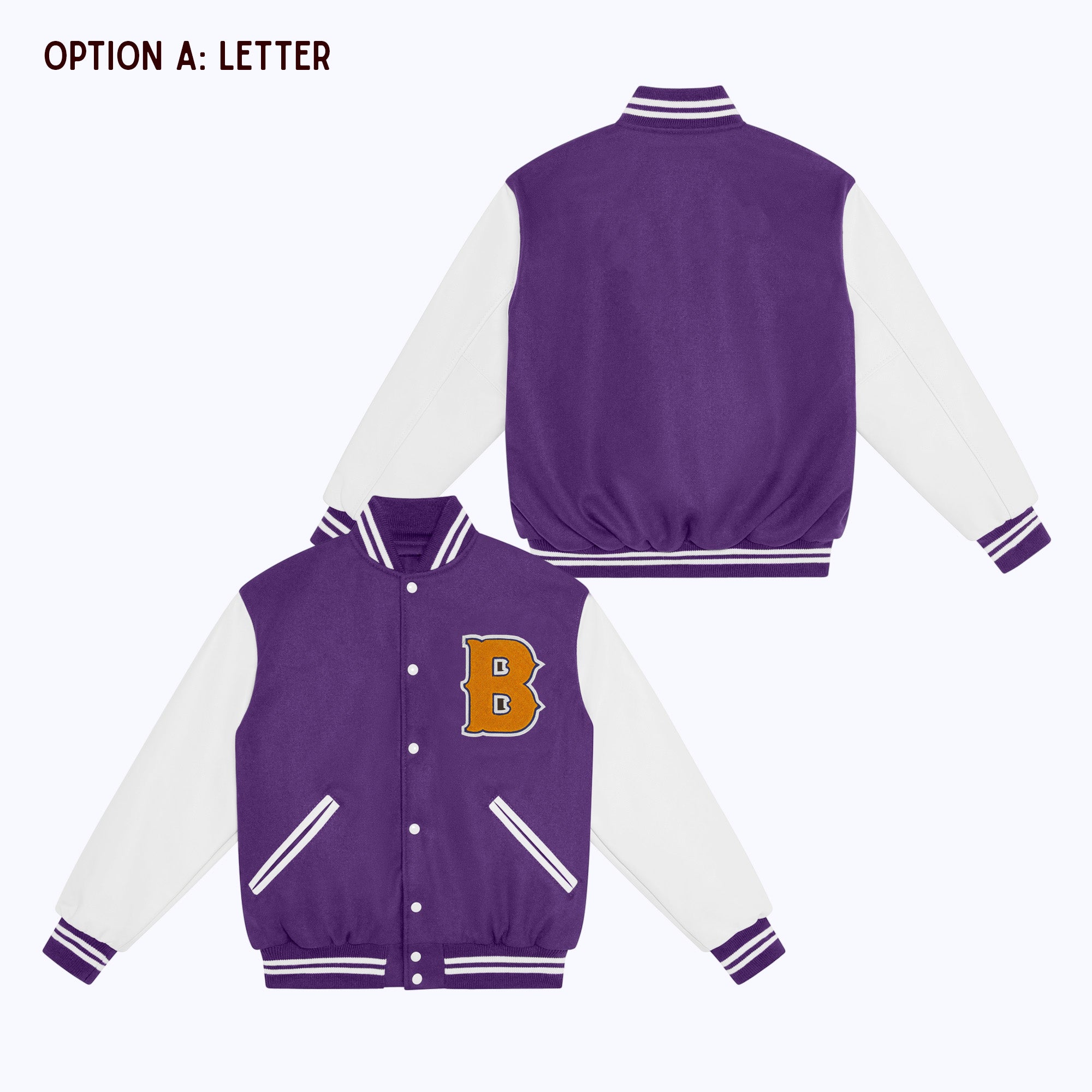 Personalized Adult Wool Leather Varsity Jacket PURPLE/WHITE