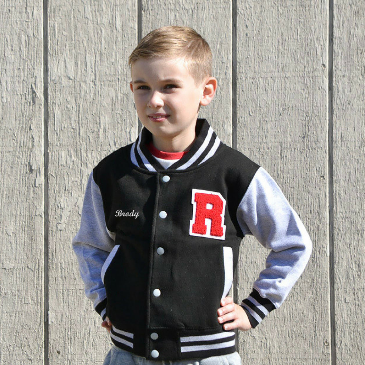 Personalized Sweatshirt Kids Varsity Jacket BLACK/GREY