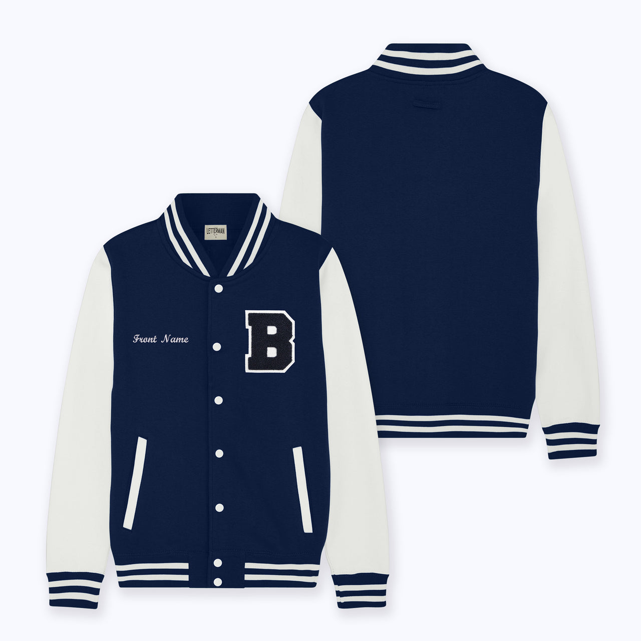 Navy and white varsity jacket with letter 'B' on a white background
