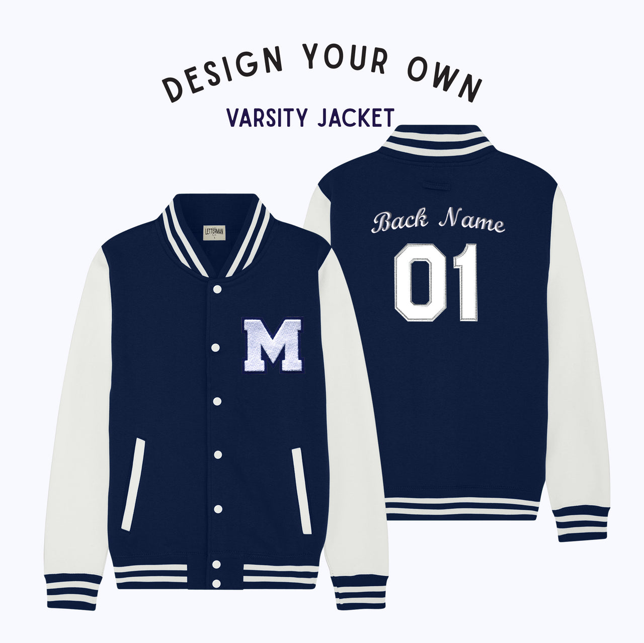 Personalized Adult Sweatshirt Varsity Jacket NAVY/WHITE