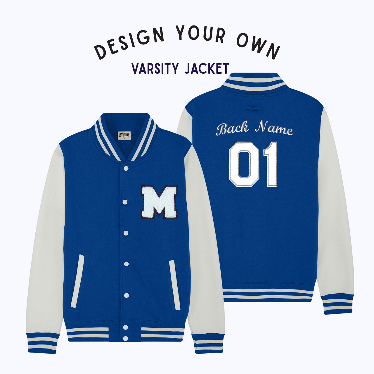 Personalized Adult Sweatshirt Varsity Jacket ROYAL BLUE/WHITE