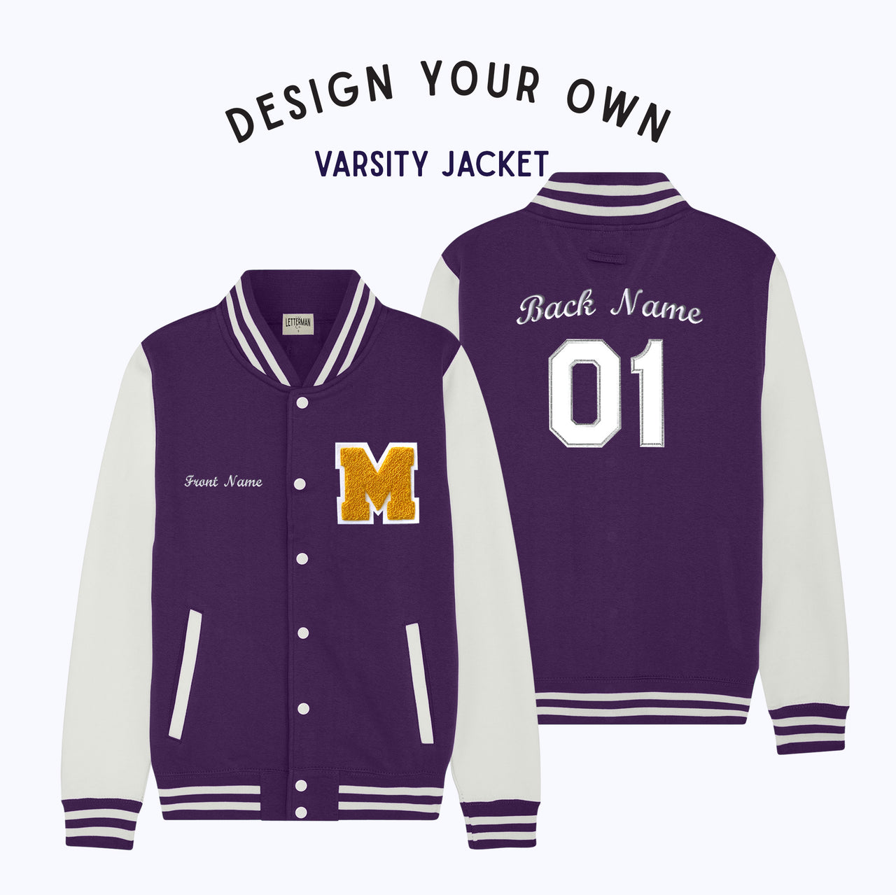 Personalized Adult Sweatshirt Varsity Jacket PURPLE/WHITE