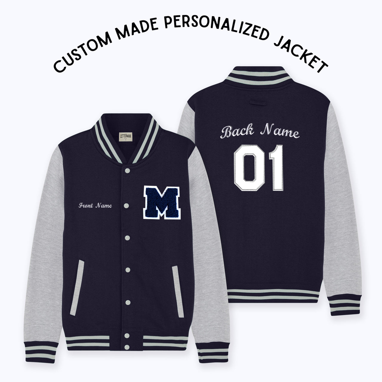 Personalized Adult Sweatshirt Varsity Jacket NAVY/GREY MARL