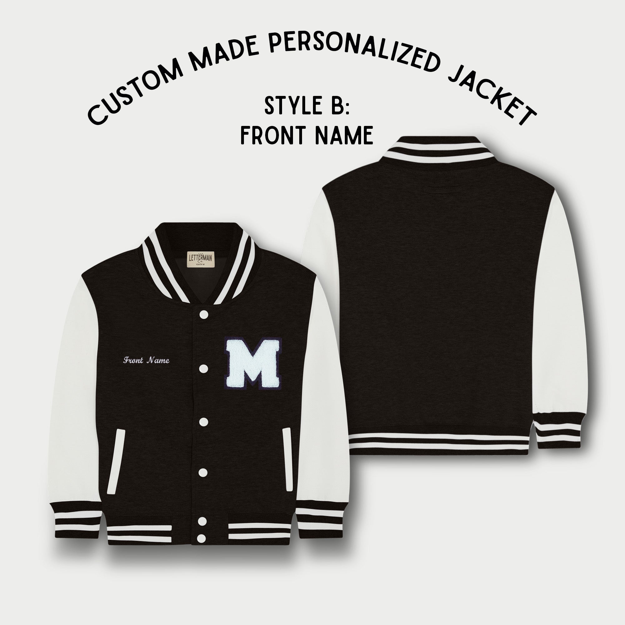 Personalized Kids Sweatshirt Varsity Jacket BLACK WHITE