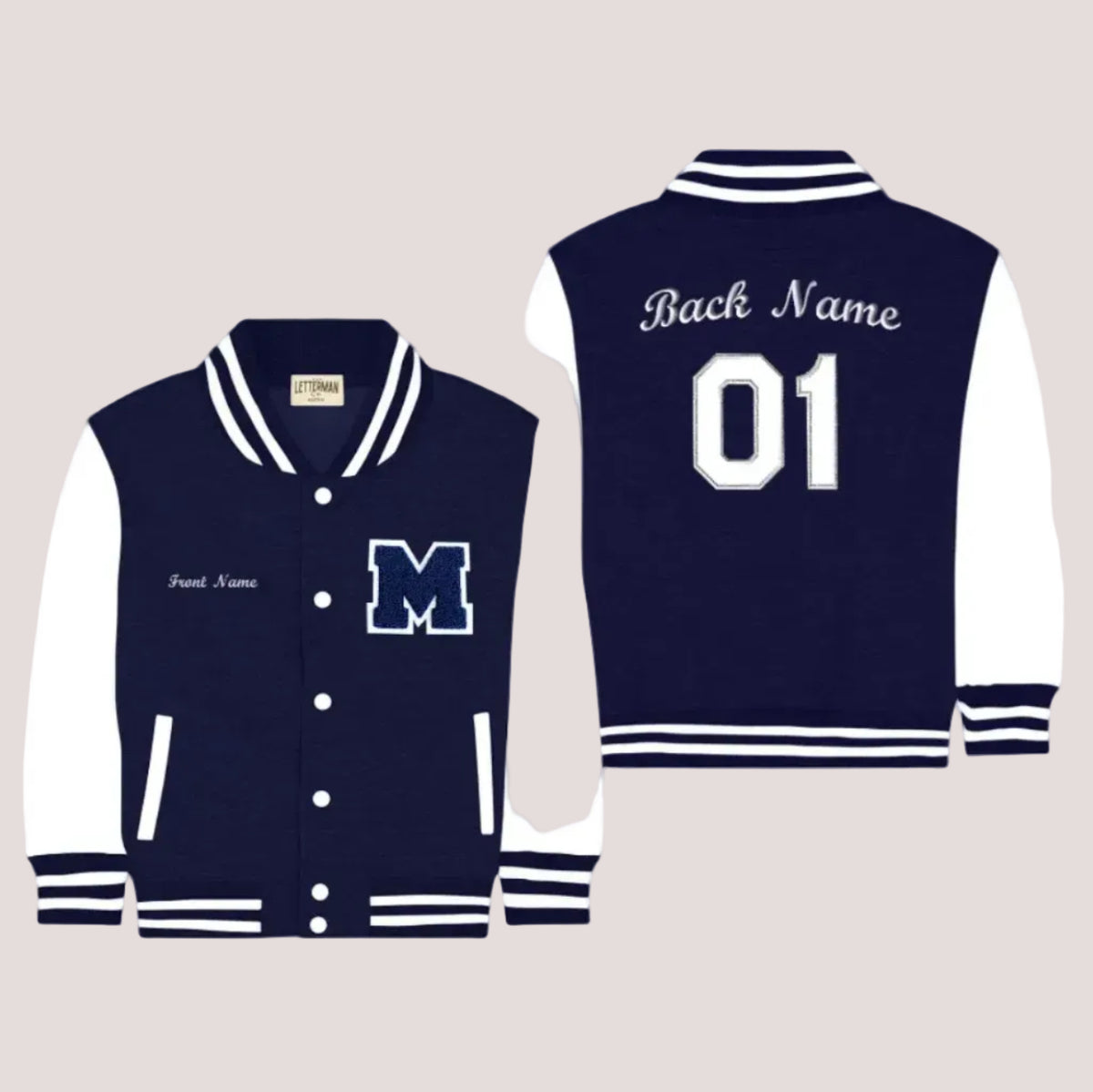 Personalized Kids Sweatshirt Varsity Jacket NAVY/WHITE