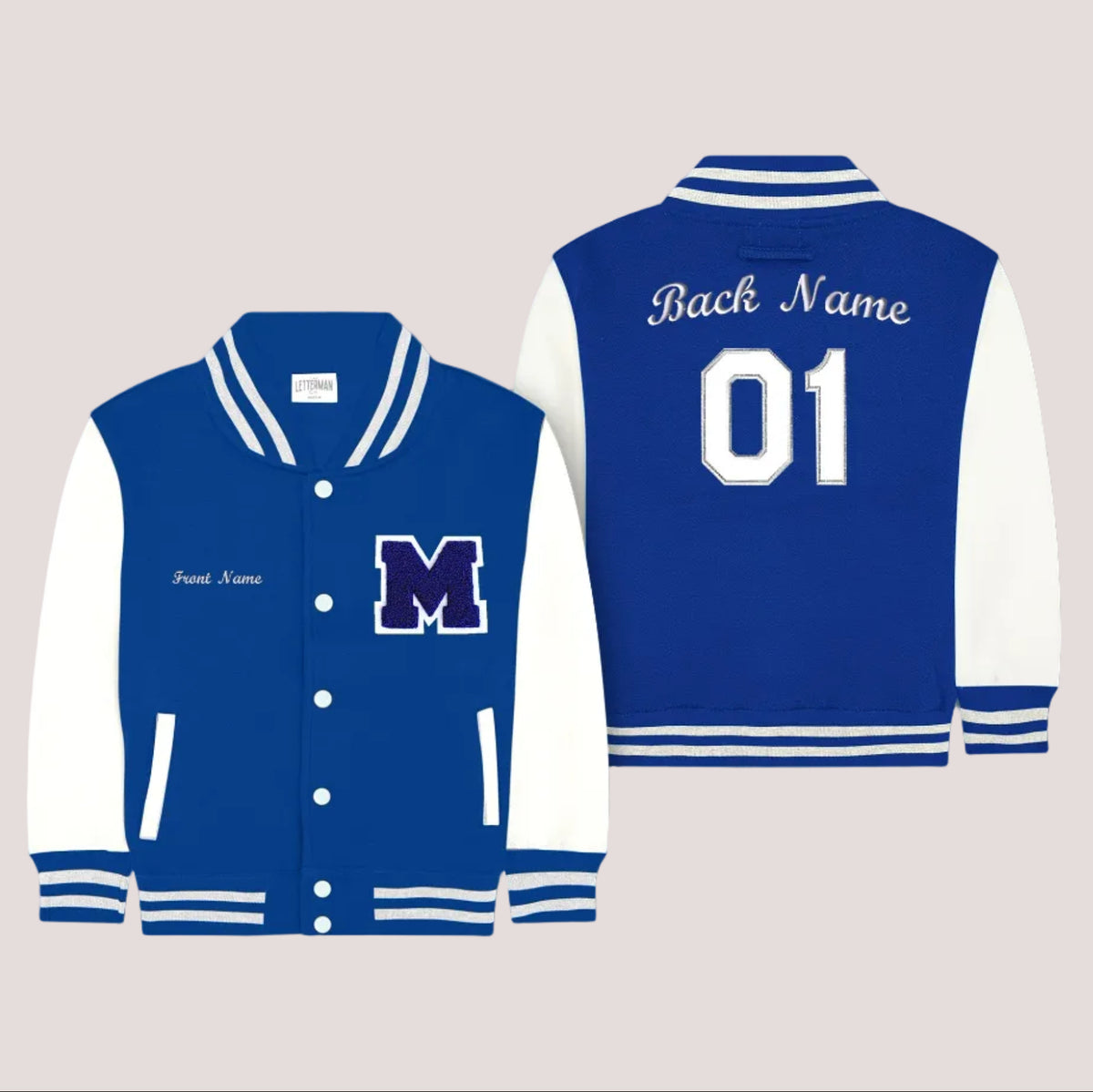 Personalized Kids Sweatshirt Varsity Jacket ROYAL BLUE/WHITE