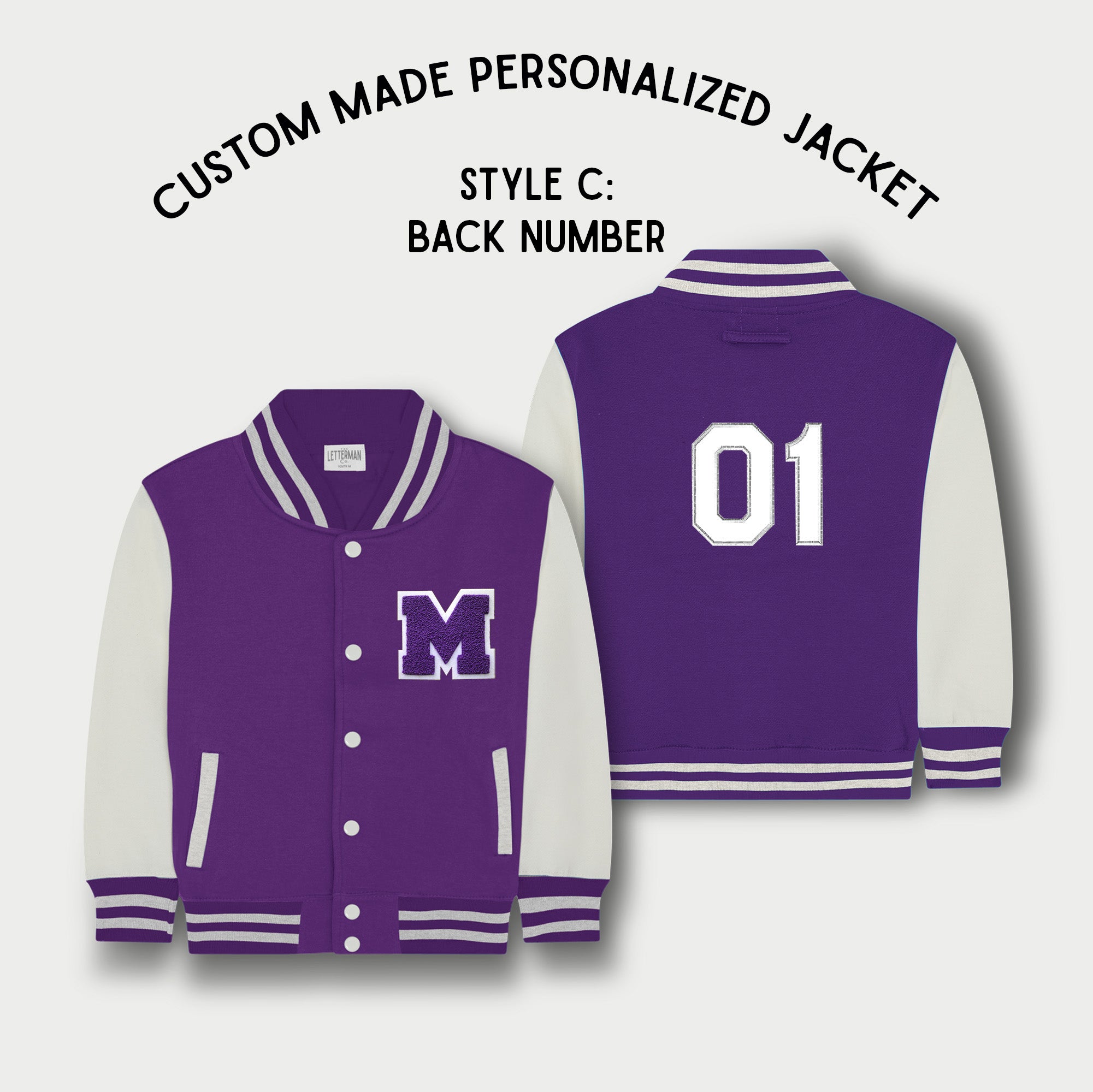 Personalized Kids Sweatshirt Varsity Jacket PURPLE WHITE