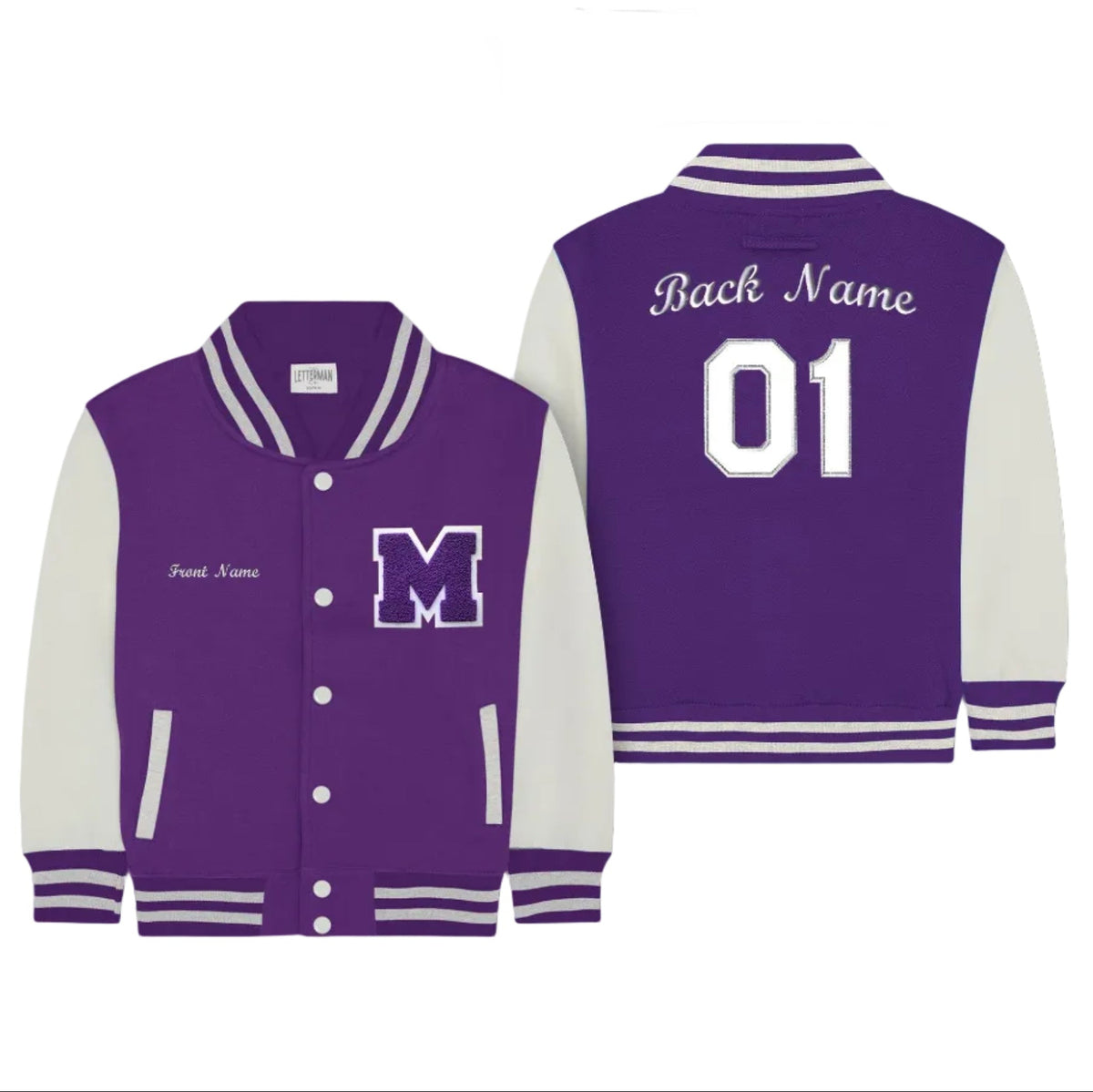 Personalized Kids Sweatshirt Varsity Jacket PURPLE/WHITE