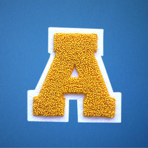 SMALL Varsity Letter Chenille Felt Patch 2" Yellow Gold/ White