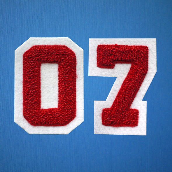 MEDIUM Varsity Number Chenille Felt Patch 3" Red/ White