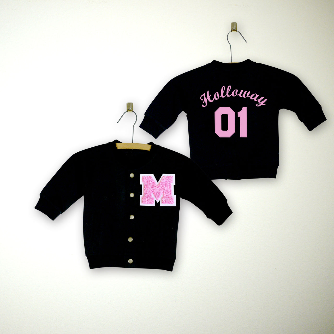 Personalized Sweatshirt Baby Varsity Jacket BLACK + SOFT PINK Letter