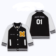 Front and back view of a black and white varsity sweatshirt jacket with a chenille/felt letter patch, number, and custom name embroidery on the back.