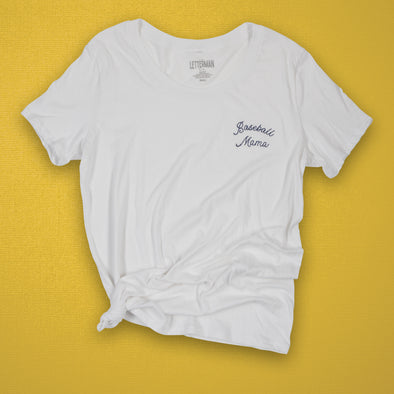 Womens T-Shirt Chainstitch Embroidered Baseball Mama