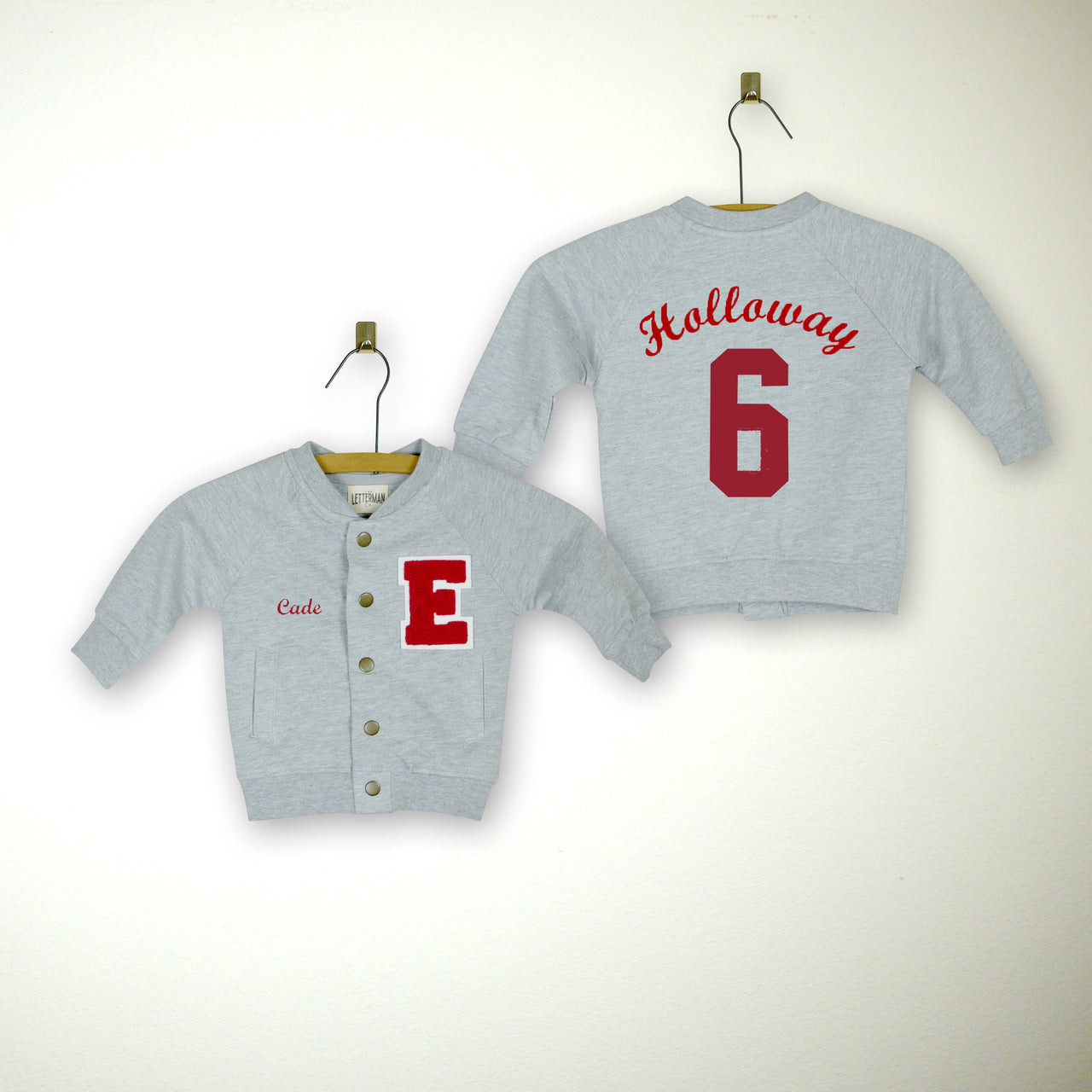 Personalized Sweatshirt Baby Varsity Jacket GREY + RED Letter