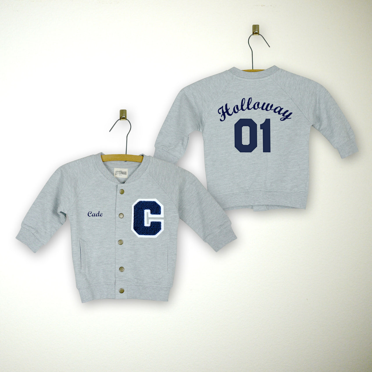 Personalized Sweatshirt Baby Varsity Jacket GREY + NAVY Letter