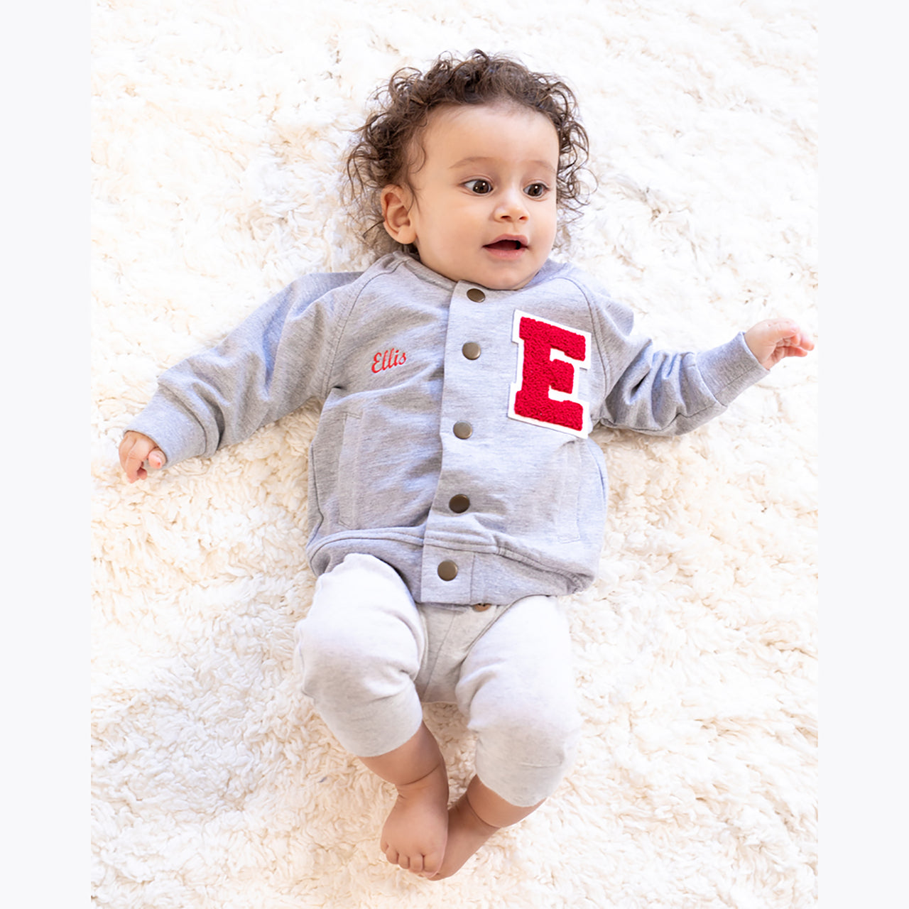 Personalized Sweatshirt Baby Varsity Jacket GREY + RED Letter