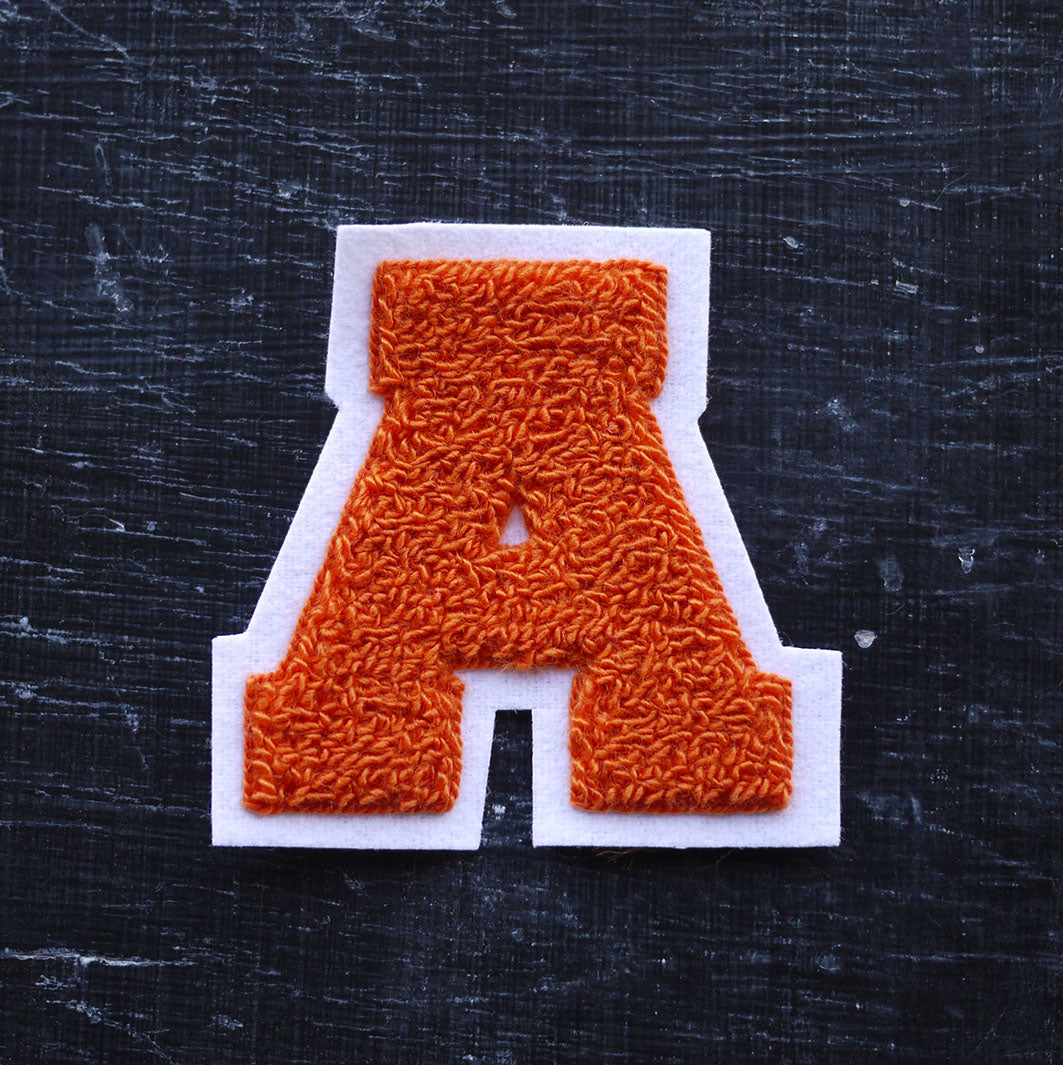 MEDIUM Varsity Letter Chenille Felt Patch 3.5" Orange/ White