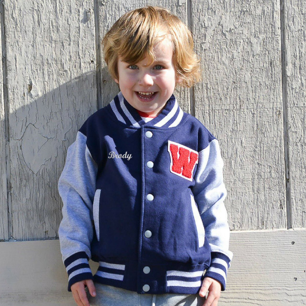 Personalized Sweatshirt Kids Varsity Jacket NAVY/GREY + RED Letter