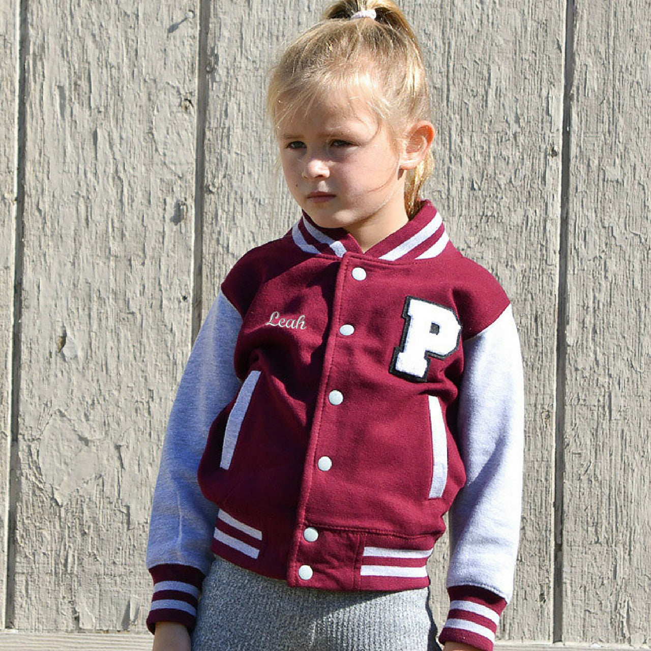Personalized Sweatshirt Kids Varsity Jacket BURGUNDY/GREY + WHITE Letter